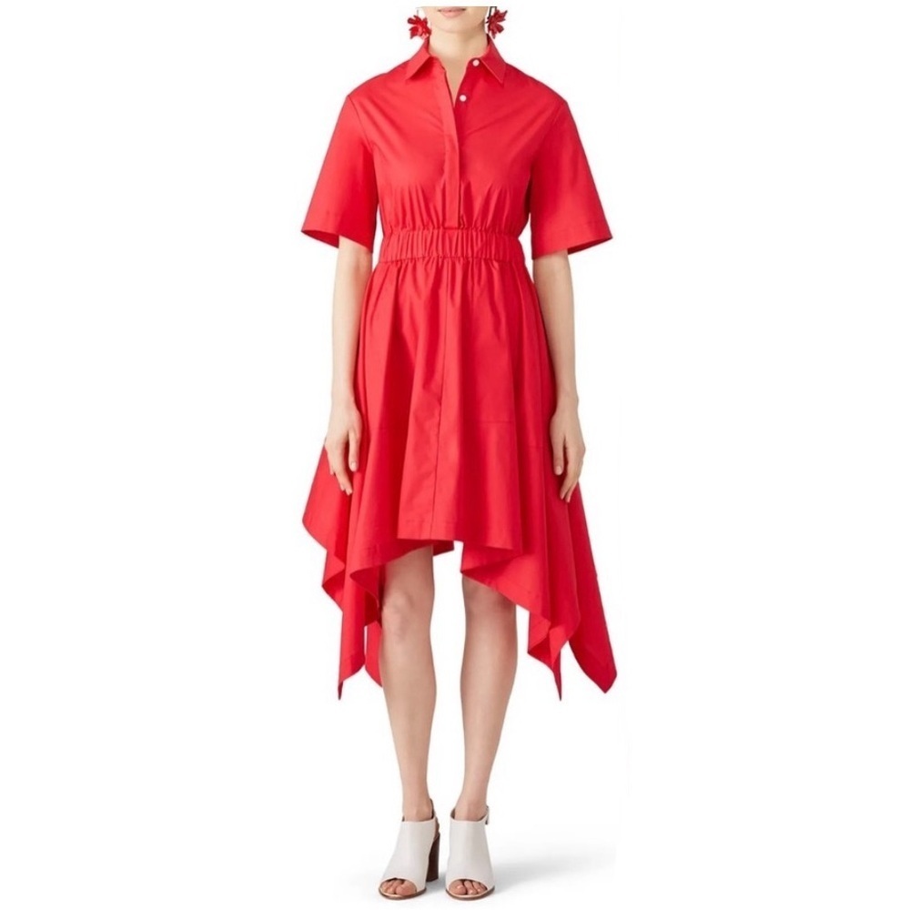 Petersyn Bright Red Handkerchief-Hem Midi Shirt Dress